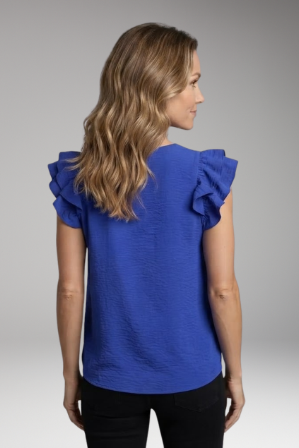 Women’s Sleeveless Top with V-Neck and Ruffle Shoulders
