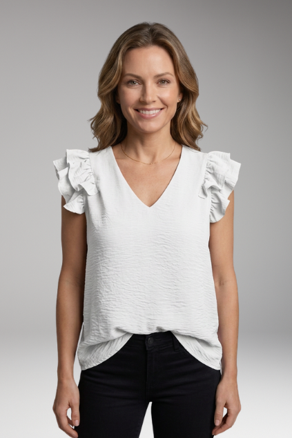Women’s Sleeveless Top with V-Neck and Ruffle Shoulders