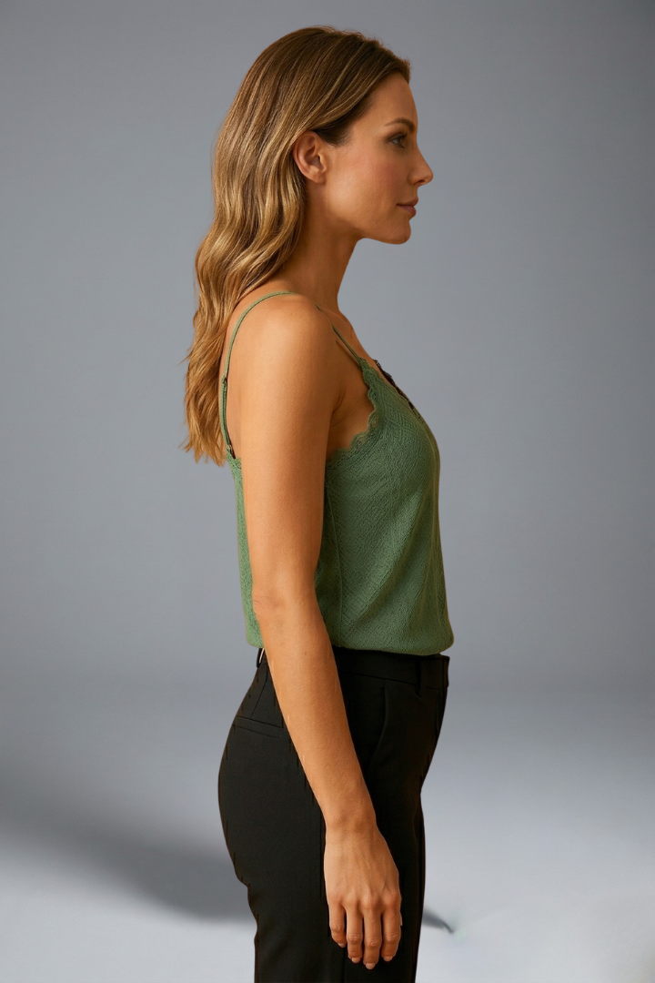 Women’s Sleeveless Top with V Neck and Lace Detail