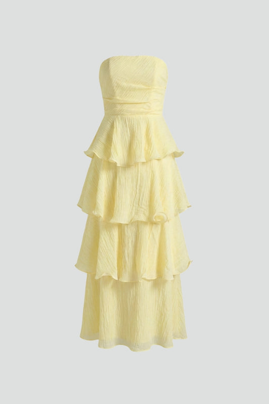 Women’s Strapless Maxi Dress with Layered Ruffles and Long Hem