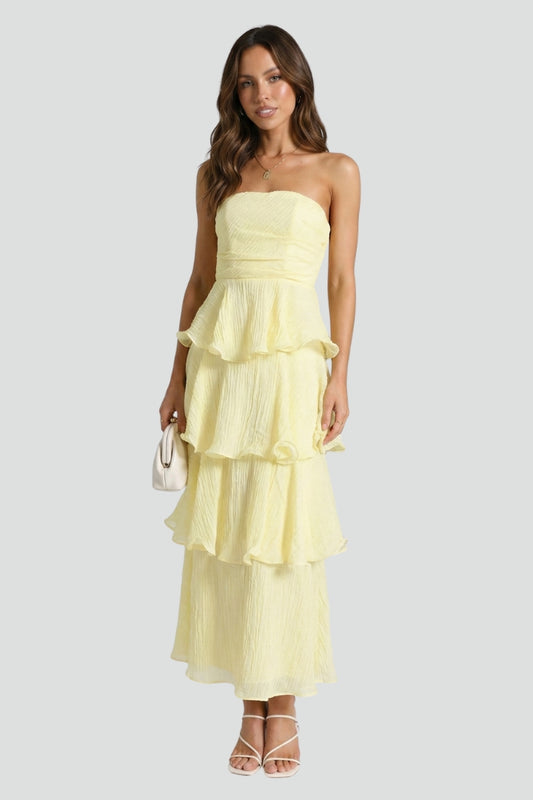 Women’s Strapless Maxi Dress with Layered Ruffles and Long Hem