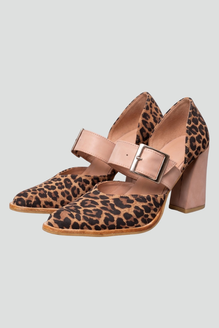 Women's Suede Sandals with Stable Heel and Patterned Upper
