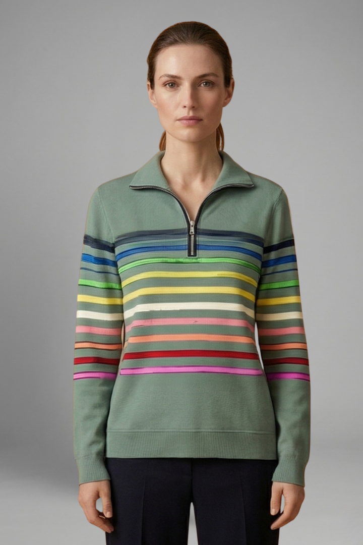 Women’s Sweatshirt with Half Zip and Striped Pattern