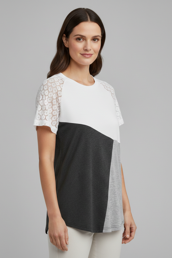 Women’s T-Shirt with Lace Sleeves and Colour Block Design