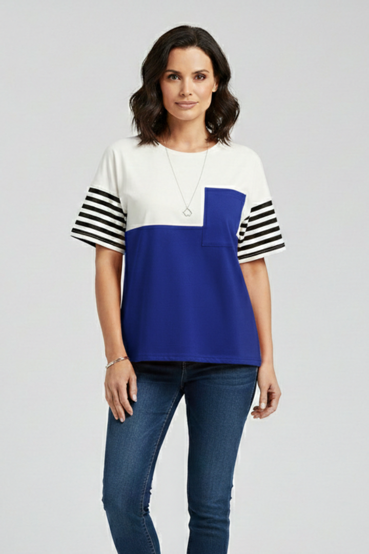Women’s T-Shirt with Striped Sleeves and Chest Pocket
