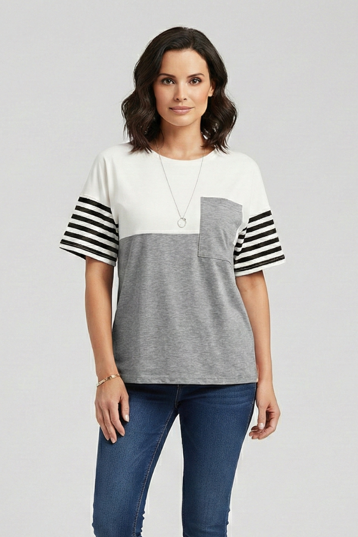 Women’s T-Shirt with Striped Sleeves and Chest Pocket
