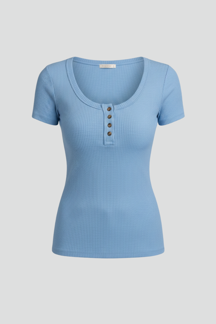 Women’s T-shirt with Round Neckline and Button Detail