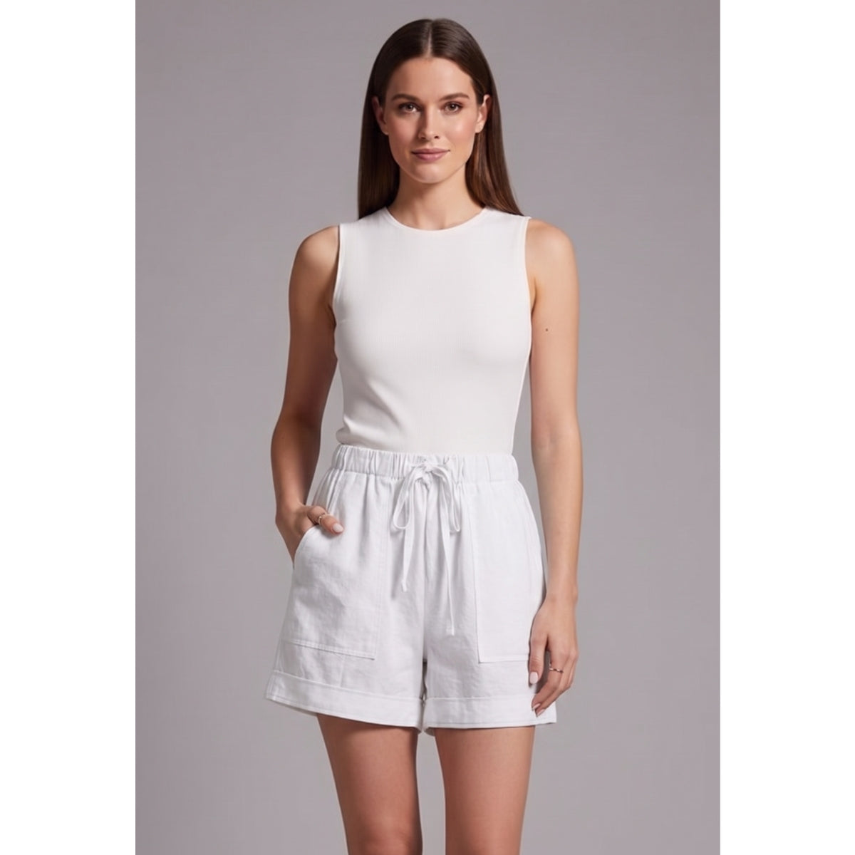 Women’s Textured Shorts with Drawstring Waist and Front Patch Pockets