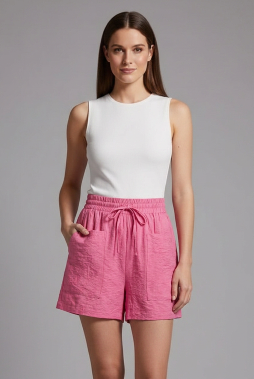 Women’s Textured Shorts with Drawstring Waist and Front Patch Pockets