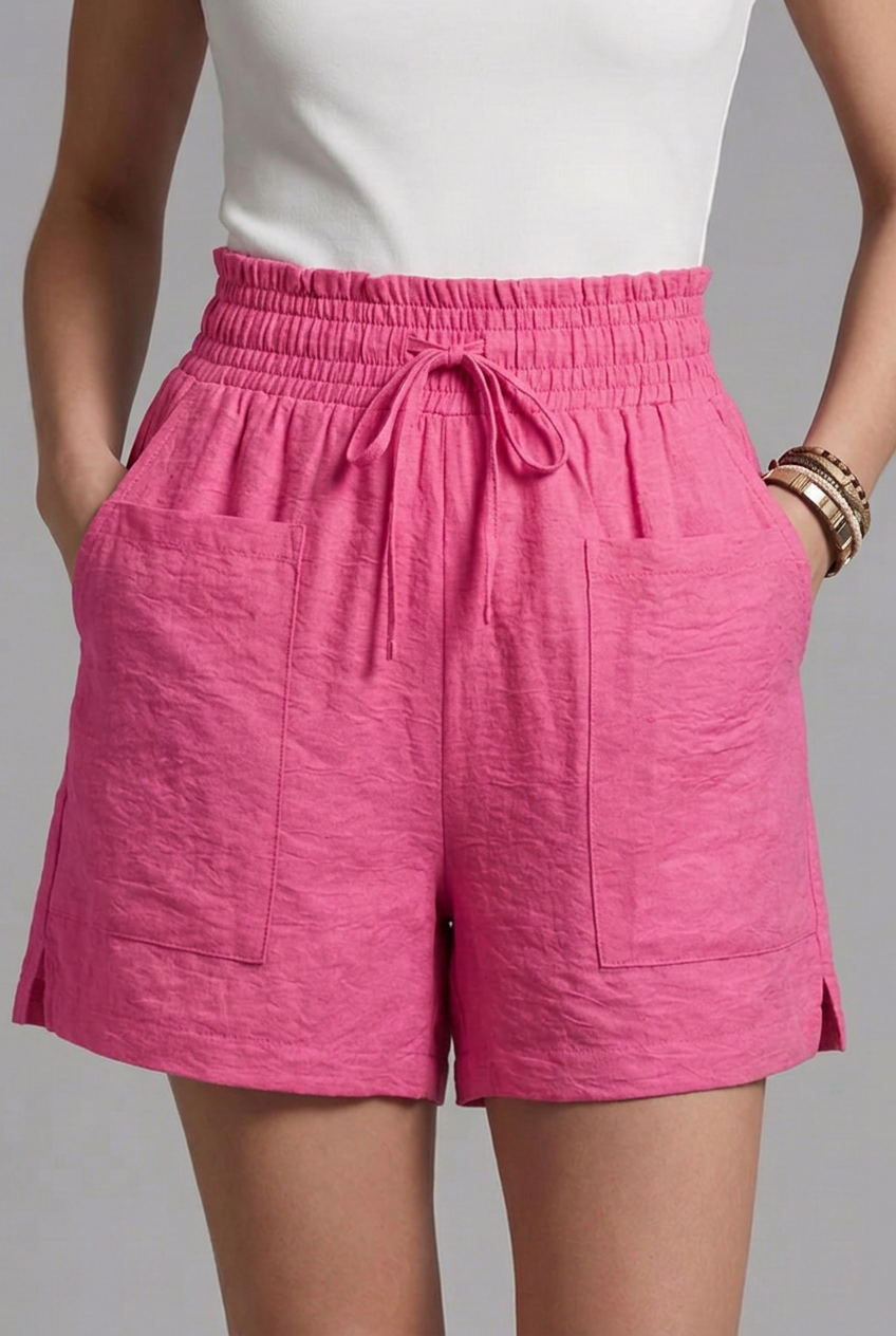 Women’s Textured Shorts with Drawstring Waist and Front Patch Pockets