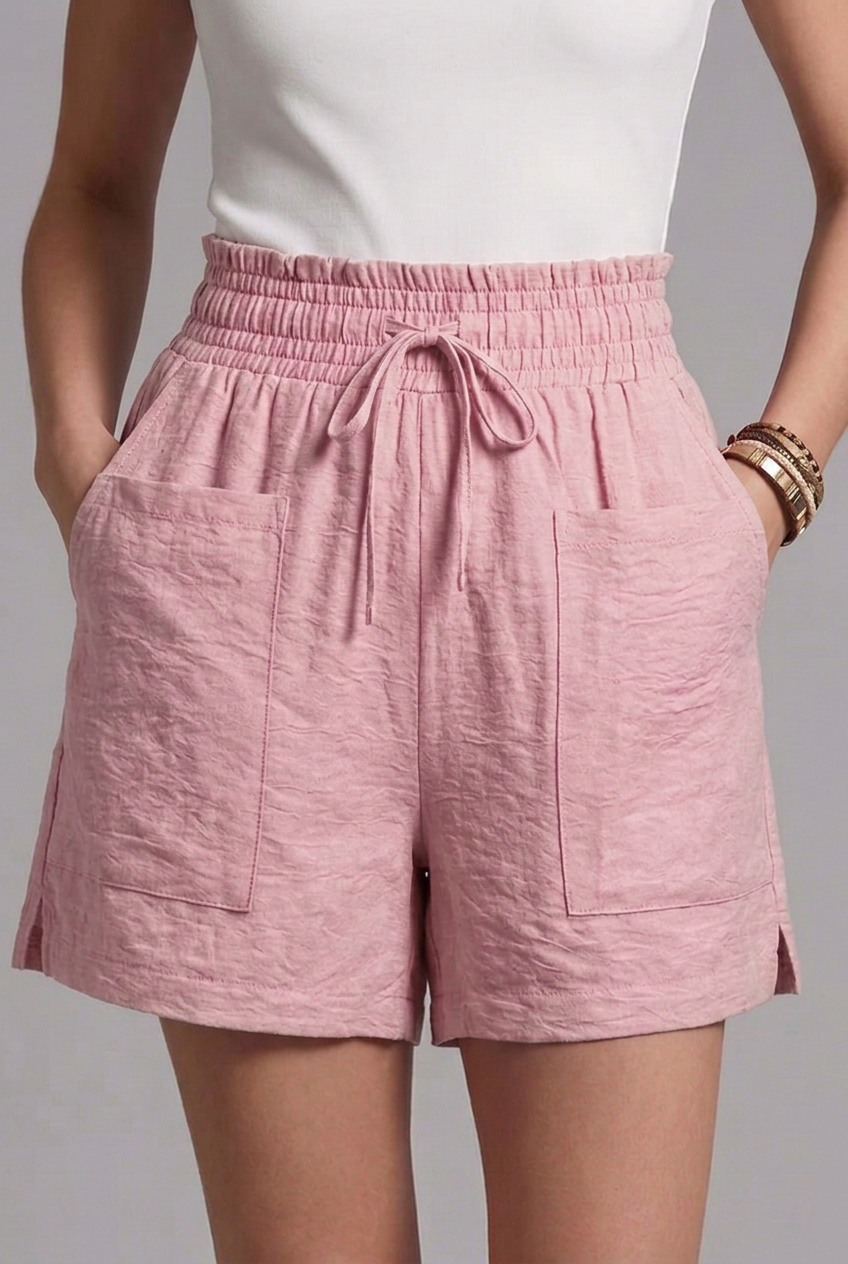 Women’s Textured Shorts with Drawstring Waist and Front Patch Pockets