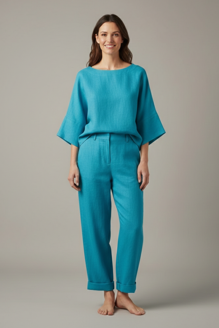 Women’s Top and Trousers Set with Round Neck and Elastic Waistband