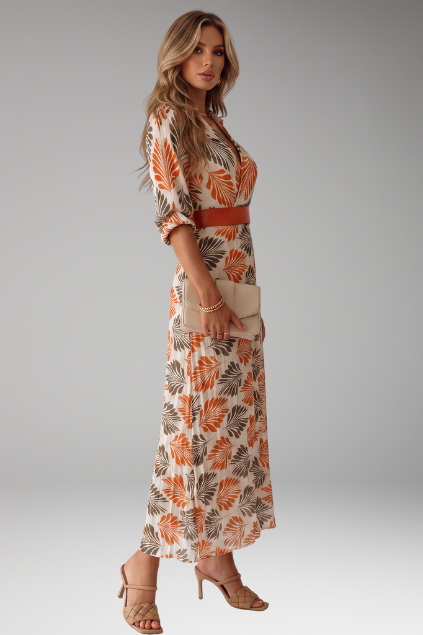 Women’s Tropical Leaf Print Pleated Maxi Dress with Belt and 3/4 Sleeves