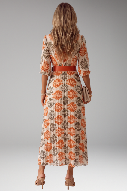 Women’s Tropical Leaf Print Pleated Maxi Dress with Belt and 3/4 Sleeves