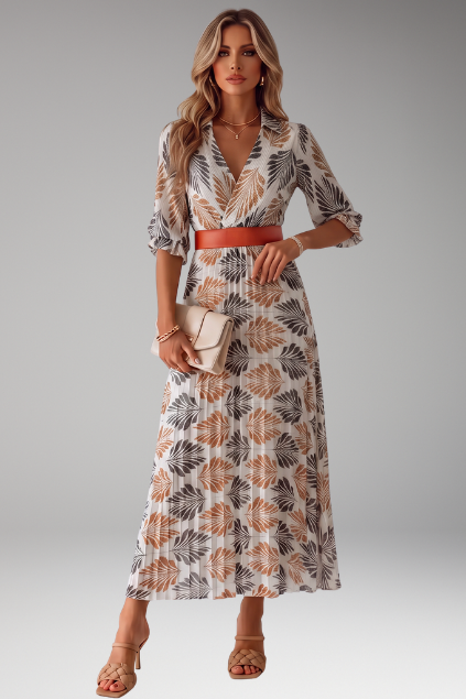 Women’s Tropical Leaf Print Pleated Maxi Dress with Belt and 3/4 Sleeves