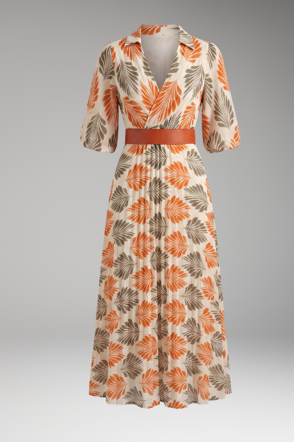 Women’s Tropical Leaf Print Pleated Maxi Dress with Belt and 3/4 Sleeves
