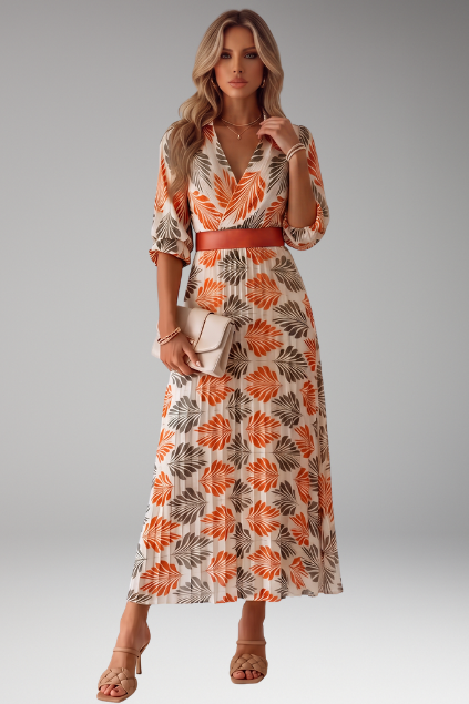 Women’s Tropical Leaf Print Pleated Maxi Dress with Belt and 3/4 Sleeves