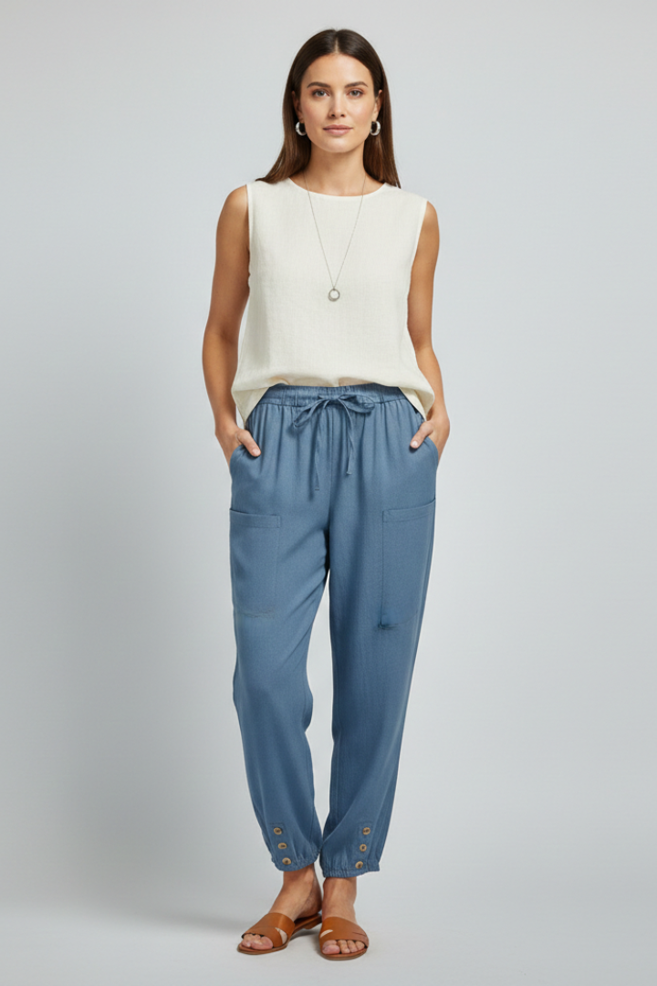 Women’s Trousers with Drawstring Waist and Button Hem