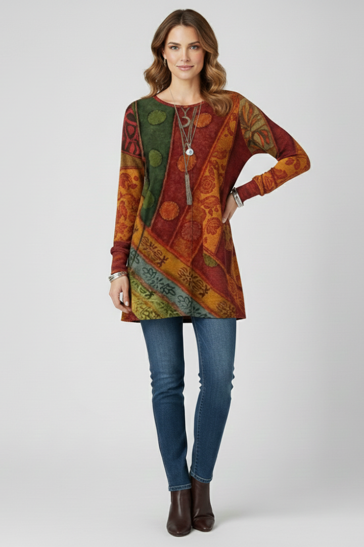 Women’s Tunic Top with Patchwork Pattern and Ribbed Cuffs