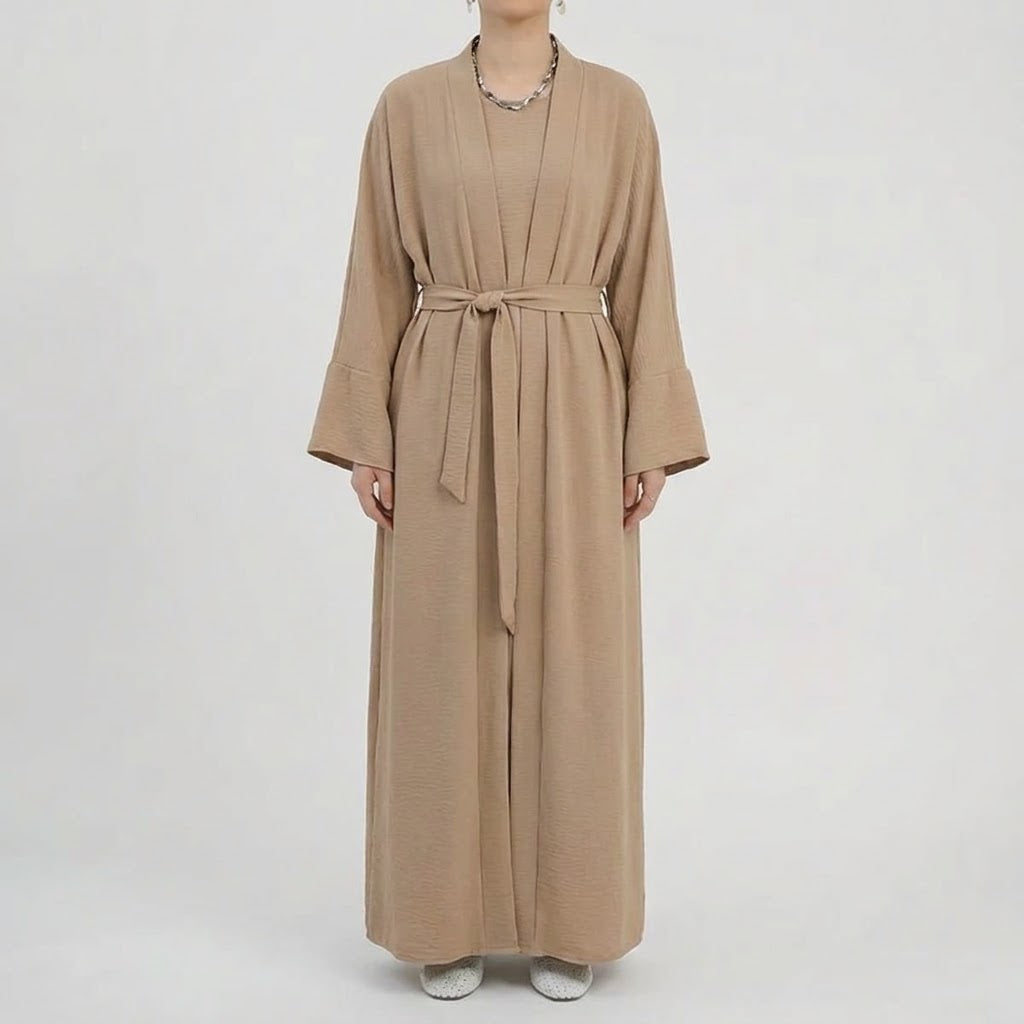 Women's Two-Piece Abaya Set with Sleeveless Dress and Open Cardigan