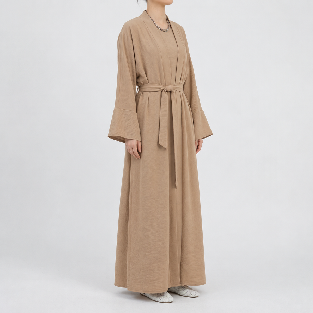 Women's Two-Piece Abaya Set with Sleeveless Dress and Open Cardigan