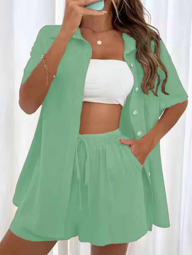 Women’s Two-Piece Set with Button Shirt and Drawstring Shorts