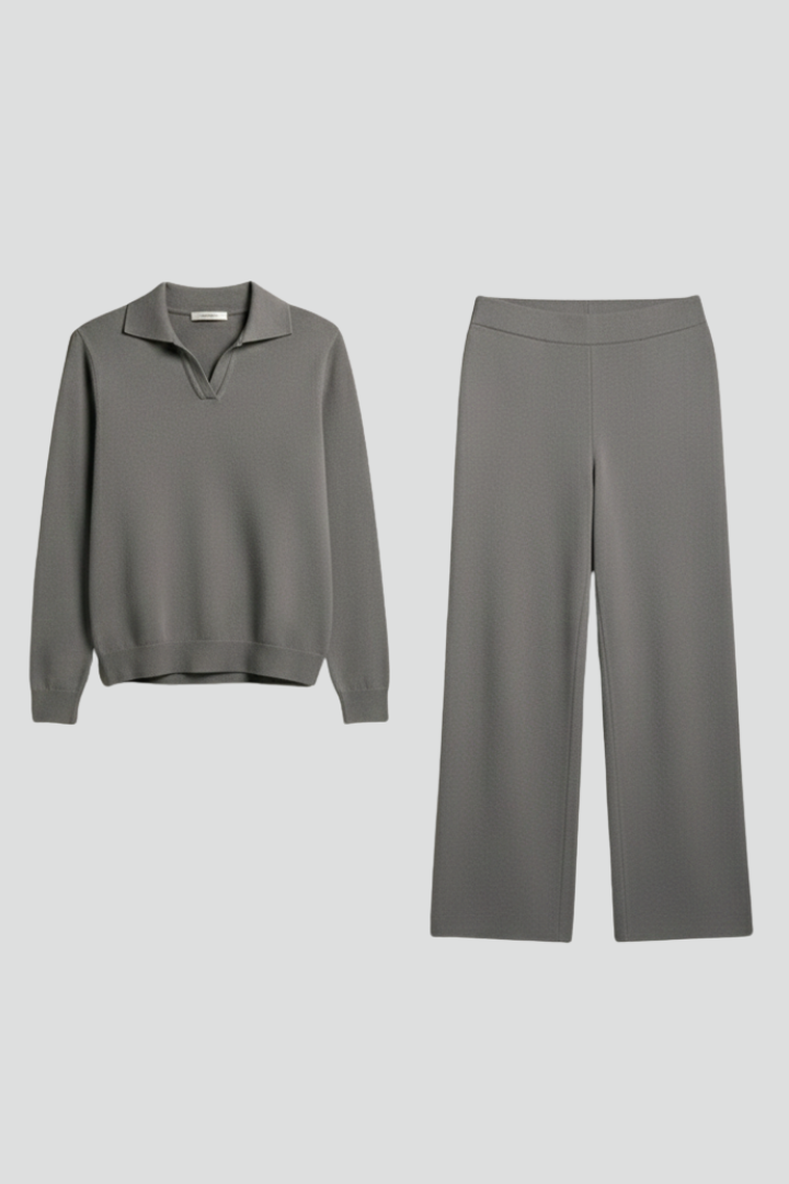 Women’s Two-Piece Set with Polo Collar Top and Wide-Leg Pants