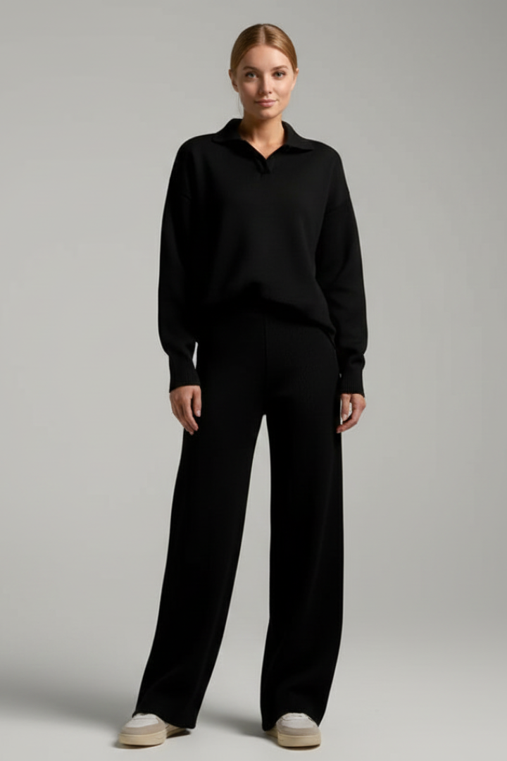Women’s Two-Piece Set with Polo Collar Top and Wide-Leg Pants