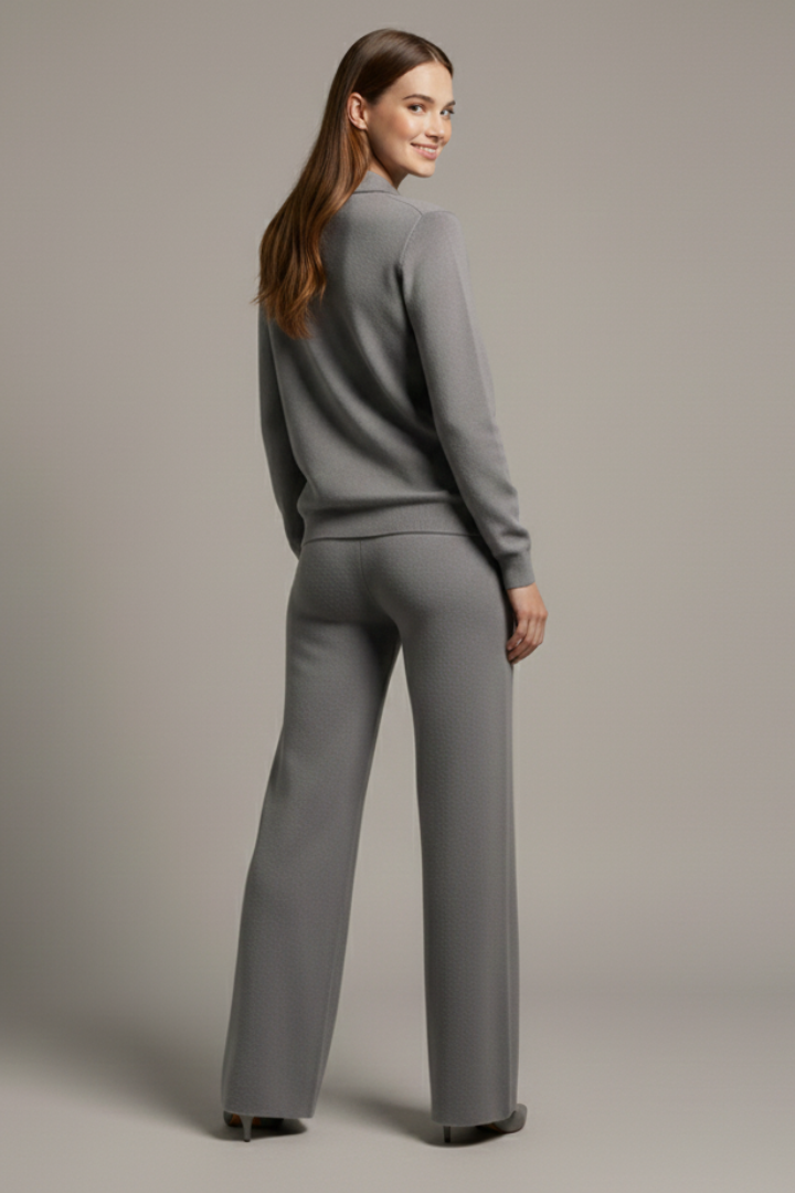 Women’s Two-Piece Set with Polo Collar Top and Wide-Leg Pants