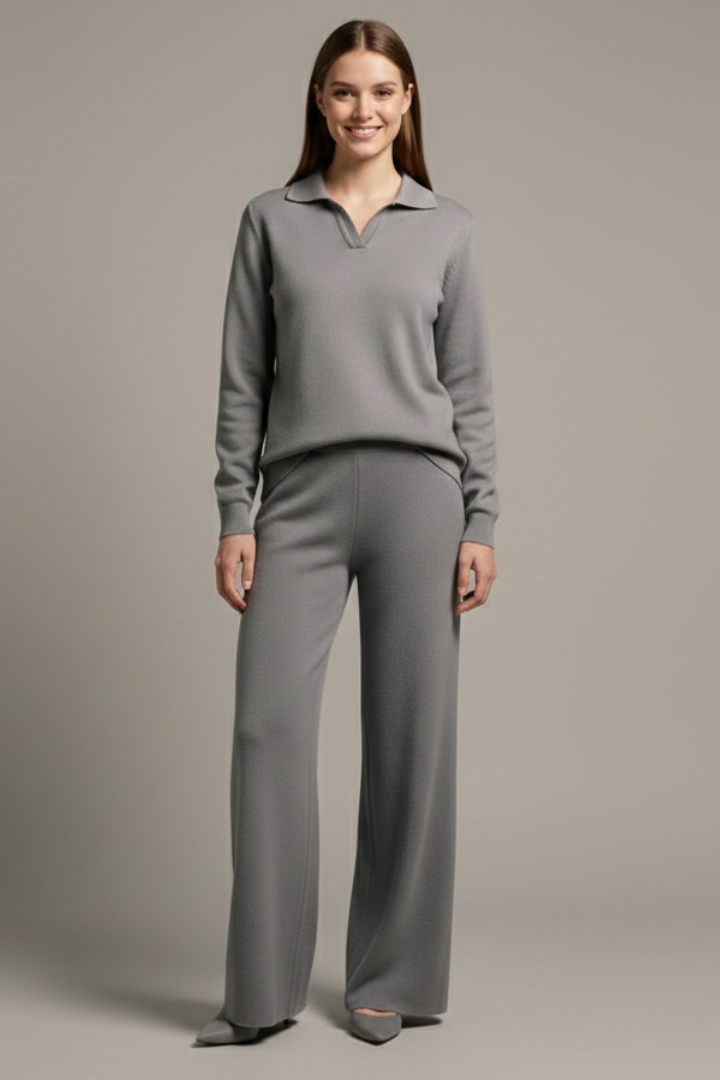 Women’s Two-Piece Set with Polo Collar Top and Wide-Leg Pants
