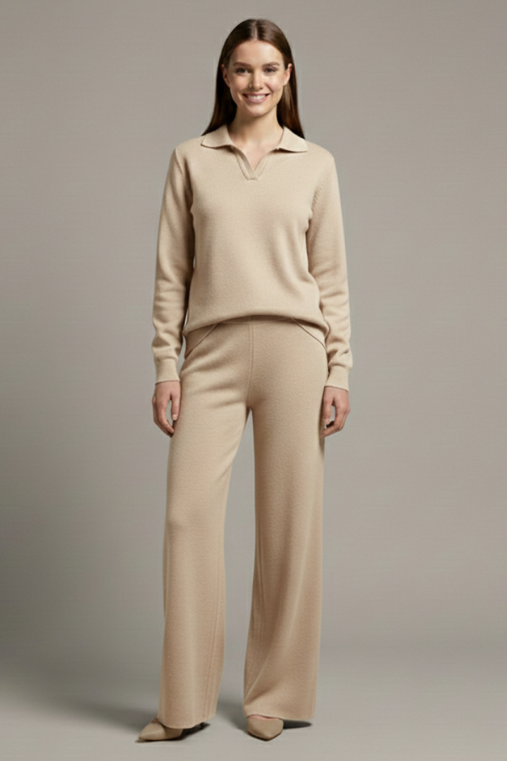 Women’s Two-Piece Set with Polo Collar Top and Wide-Leg Pants