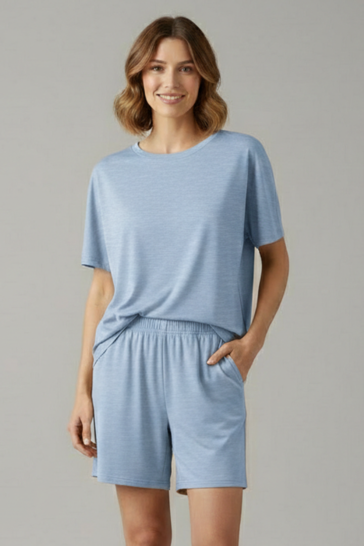 Women’s Two-Piece Set with Round Neck Top and Elastic Waist Shorts