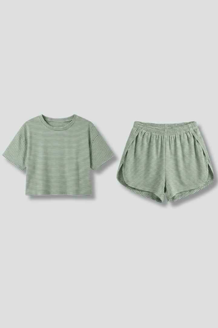 Women’s Two-Piece Set with Short Sleeve Top and Elastic Shorts