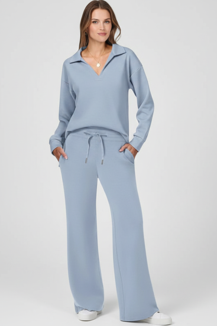 Women’s Two-Piece Set with V-Neck Top and Drawstring Trousers