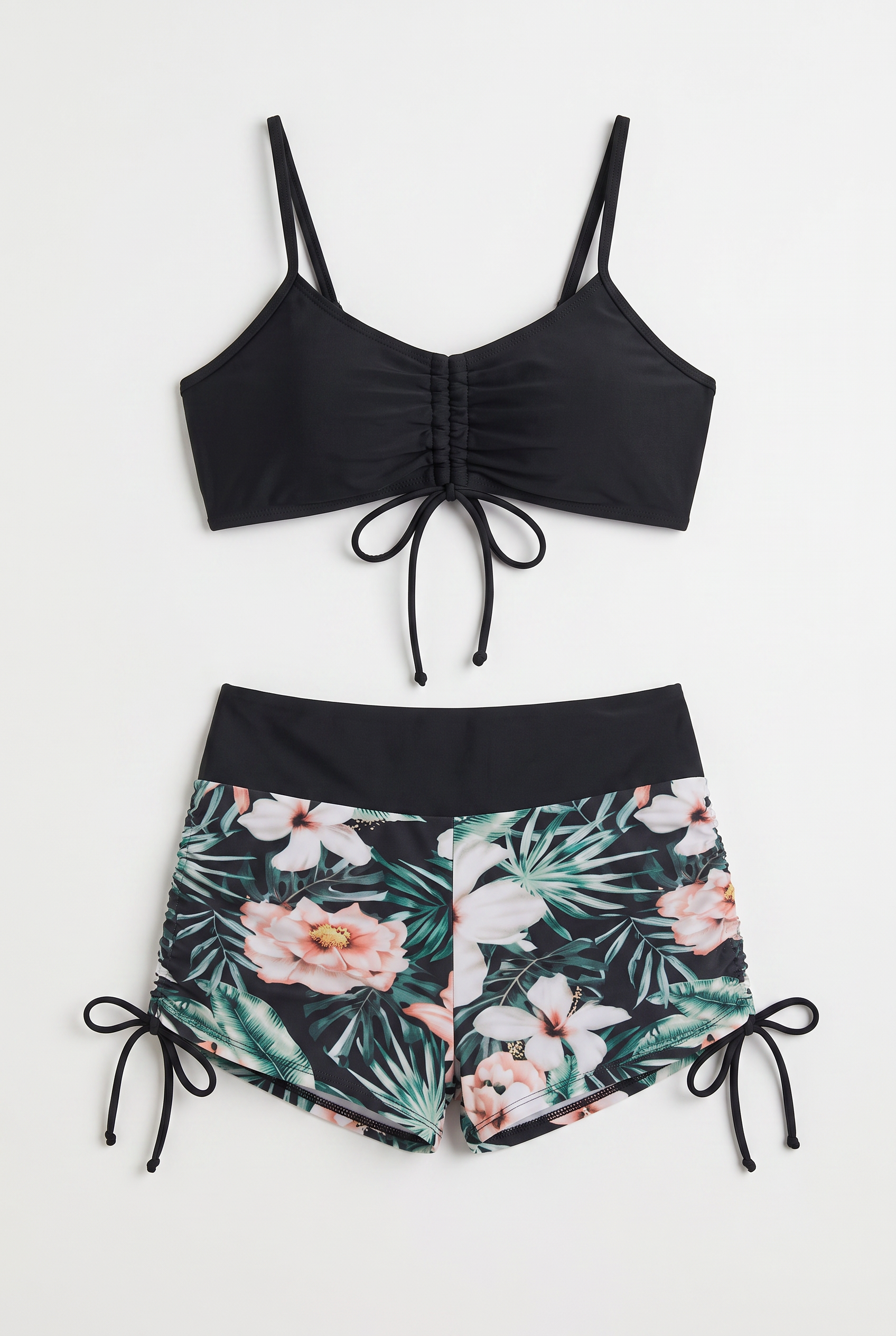 Women’s Two-Piece Swim Set with Ruched Drawstring Top and Floral Shorts