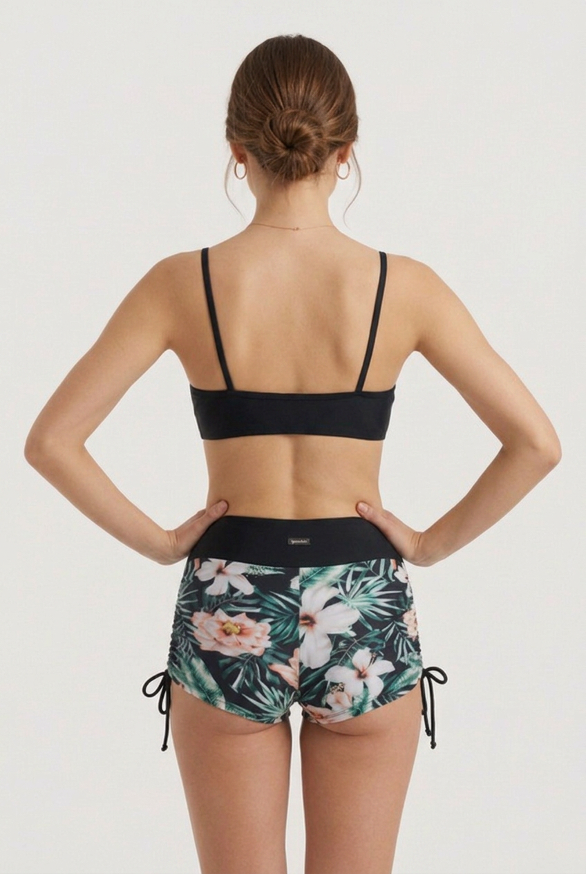Women’s Two-Piece Swim Set with Ruched Drawstring Top and Floral Shorts