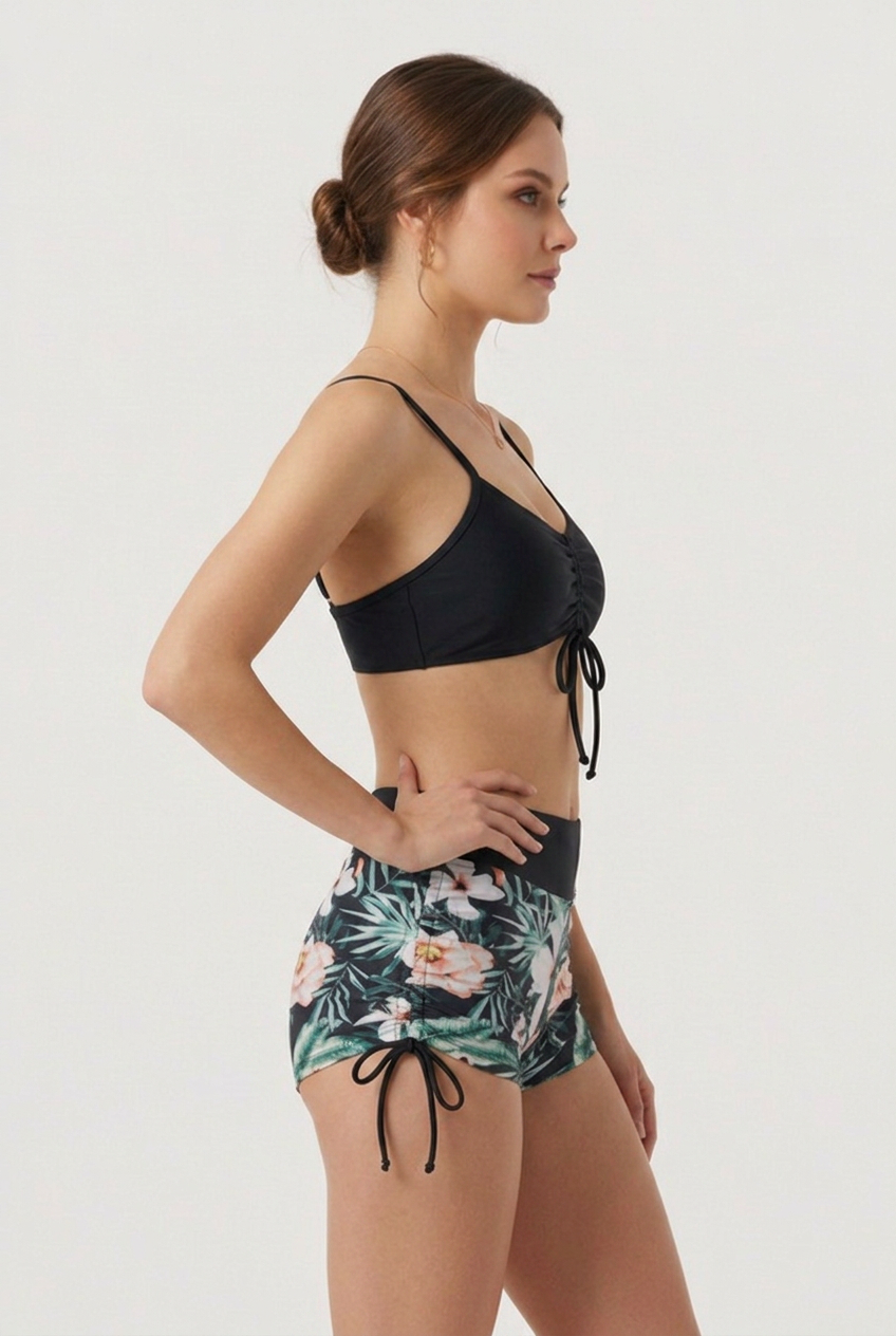 Women’s Two-Piece Swim Set with Ruched Drawstring Top and Floral Shorts