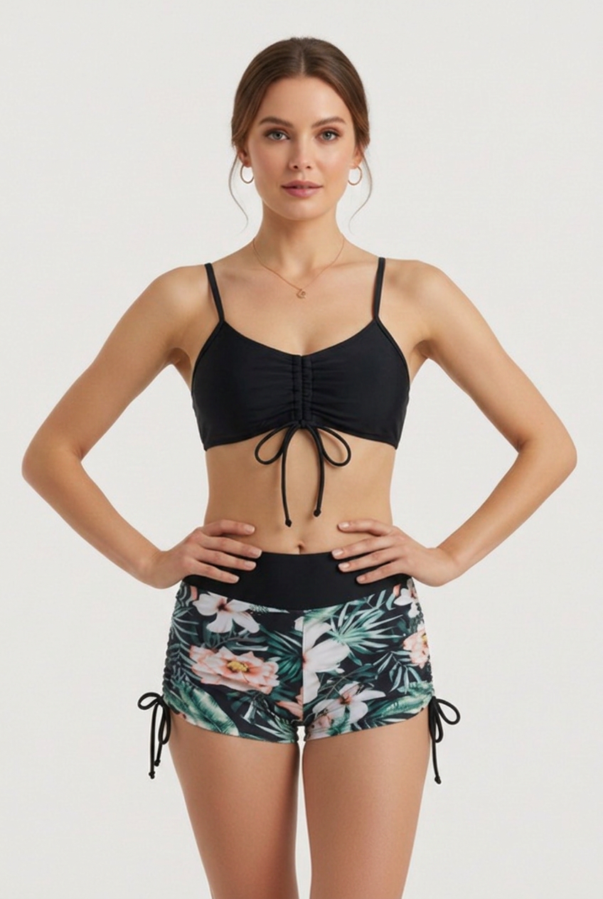 Women’s Two-Piece Swim Set with Ruched Drawstring Top and Floral Shorts