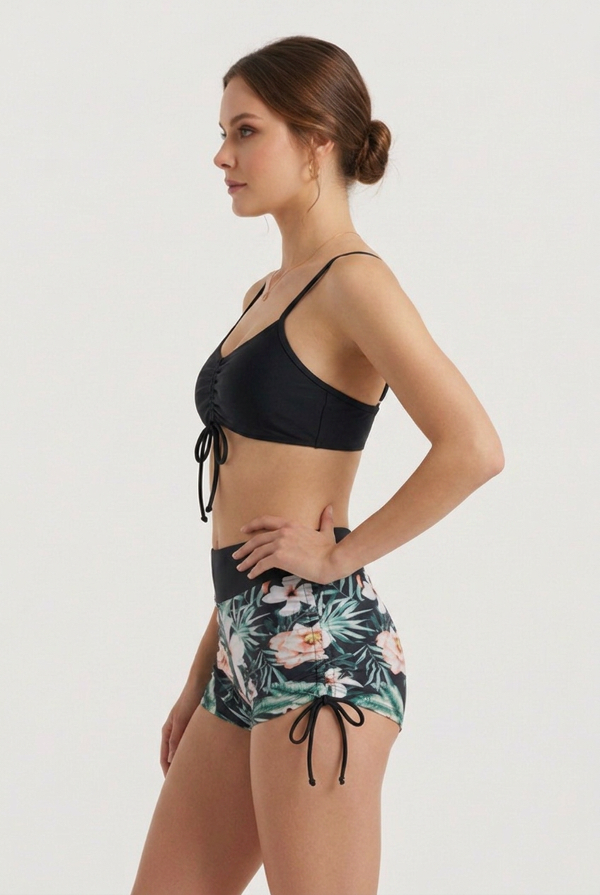 Women’s Two-Piece Swim Set with Ruched Drawstring Top and Floral Shorts