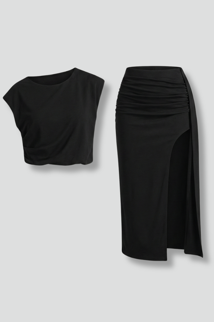 Women’s Two Piece Set with Asymmetric Top and Midi Skirt