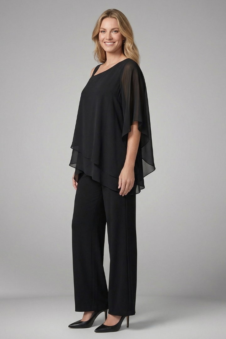 Women’s Two Piece Set with Asymmetrical Top and Wide Leg Trousers