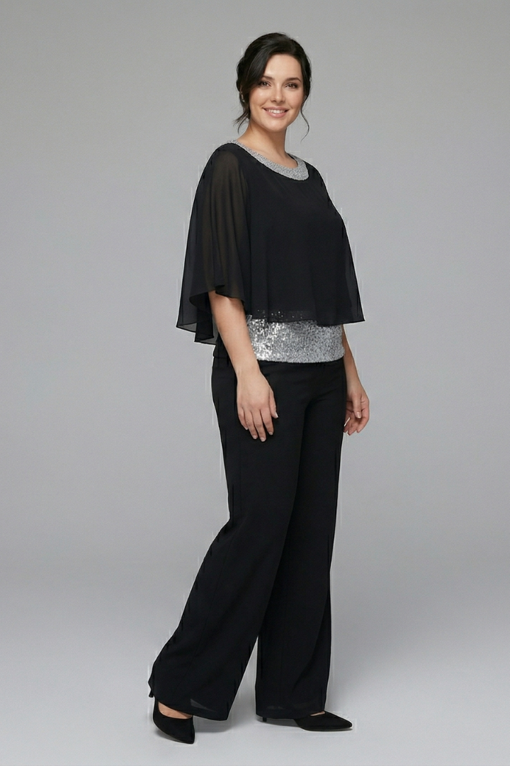 Women’s Two Piece Set with Embellished Neckline and Wide Leg Trousers