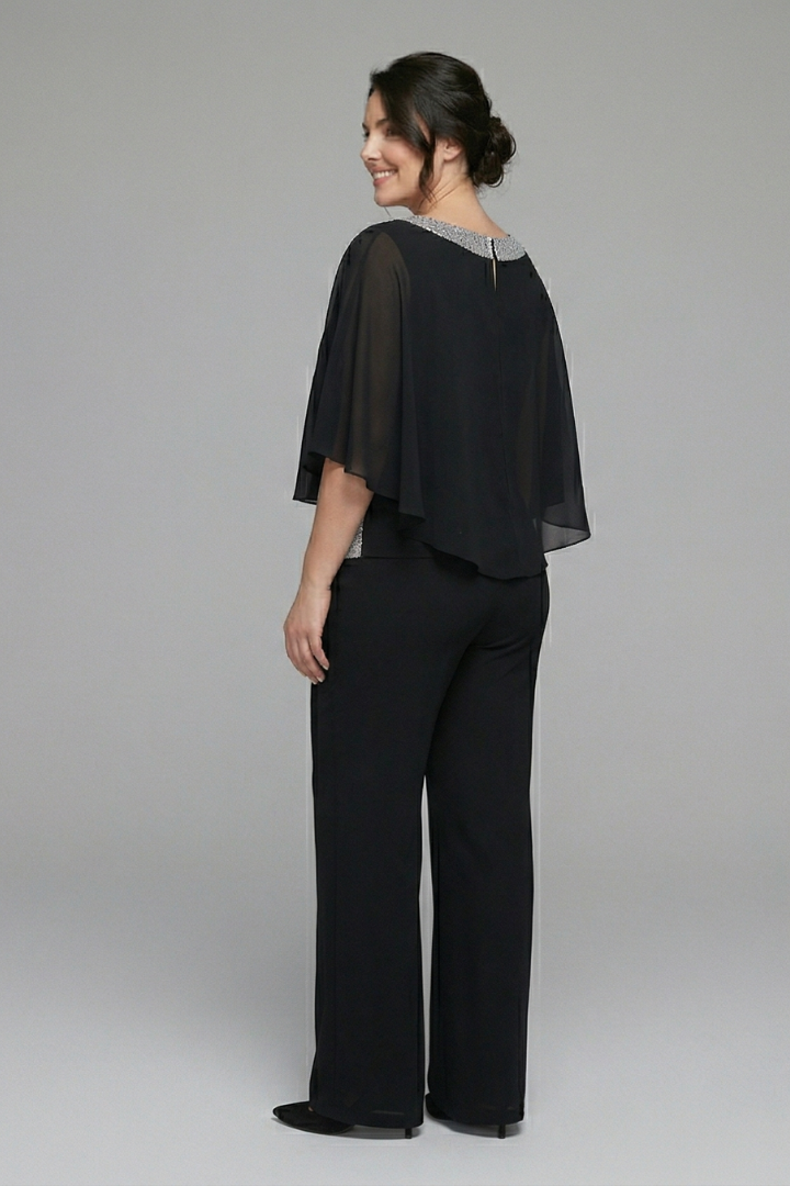 Women’s Two Piece Set with Embellished Neckline and Wide Leg Trousers