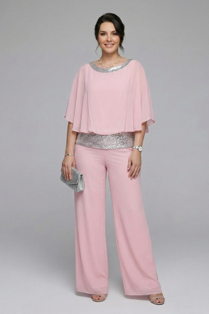 Women’s Two Piece Set with Embellished Neckline and Wide Leg Trousers