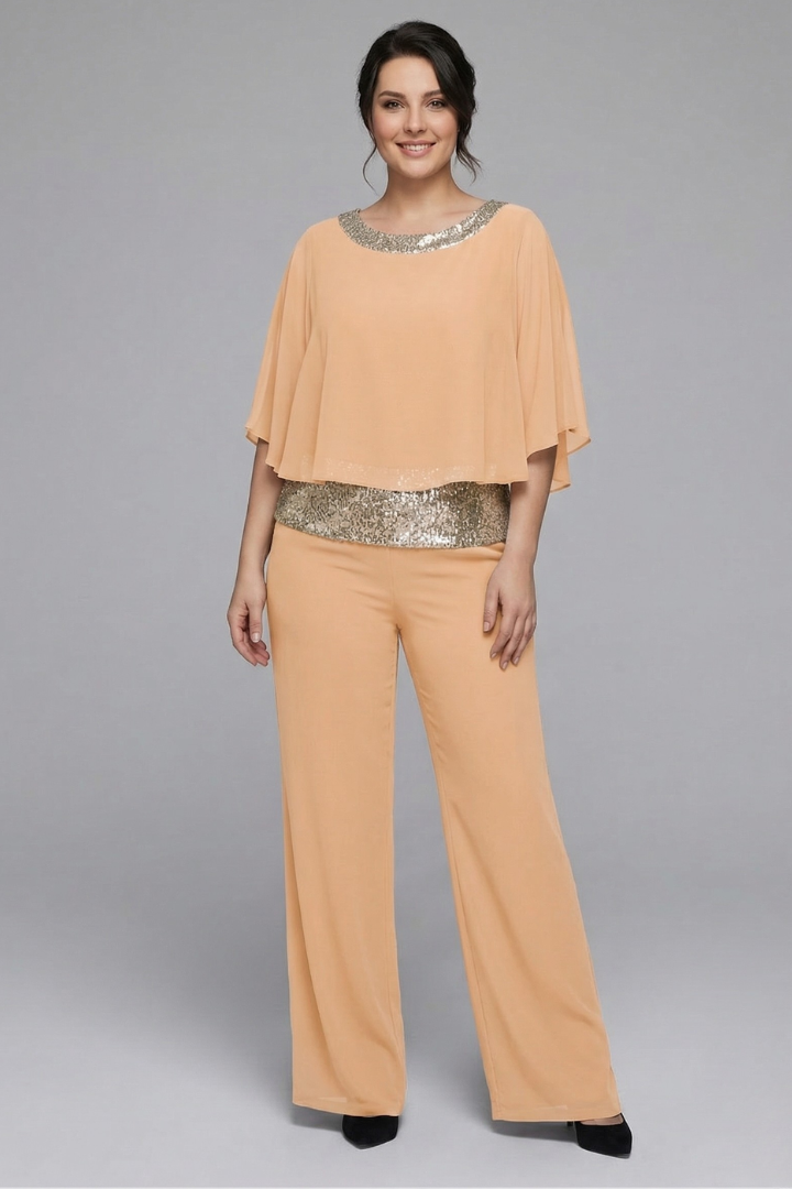 Women’s Two Piece Set with Embellished Neckline and Wide Leg Trousers