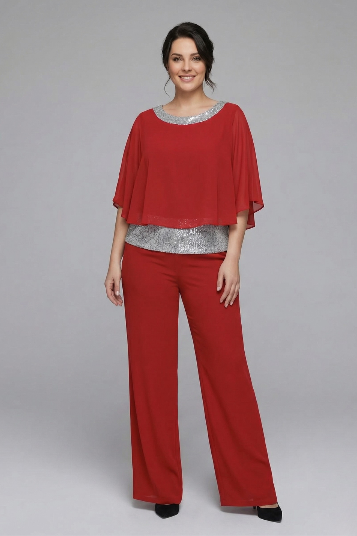 Women’s Two Piece Set with Embellished Neckline and Wide Leg Trousers