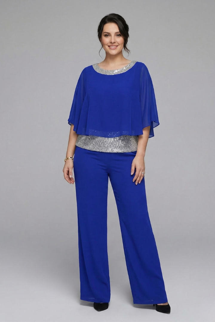Women’s Two Piece Set with Embellished Neckline and Wide Leg Trousers