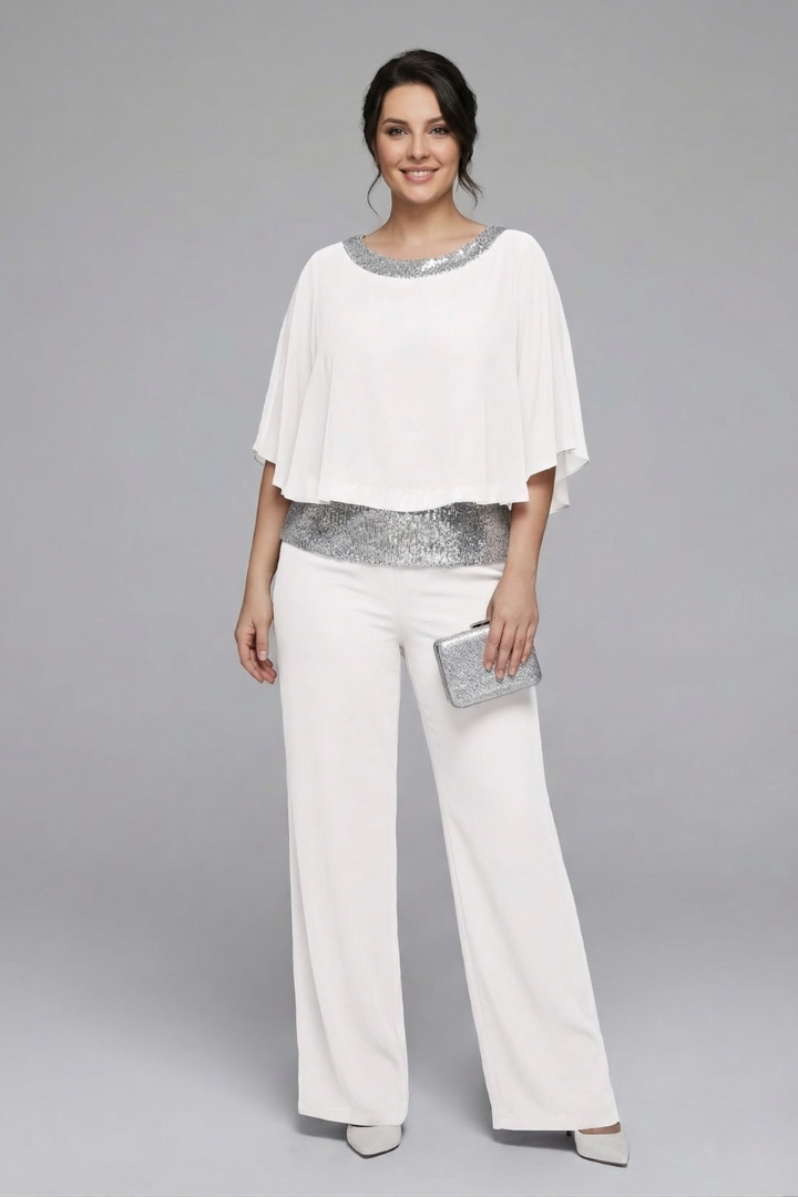 Women’s Two Piece Set with Embellished Neckline and Wide Leg Trousers