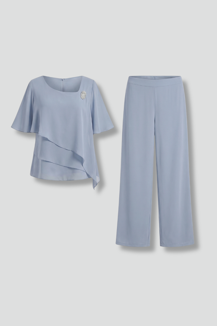 Women’s Two Piece Set with Layered Top and Straight Trousers