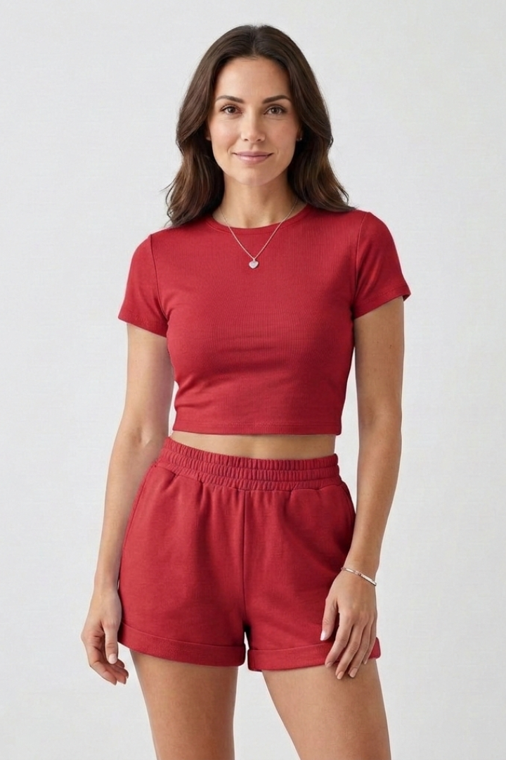 Women’s Two Piece Set with Short Sleeve Top and Elastic Waist Shorts